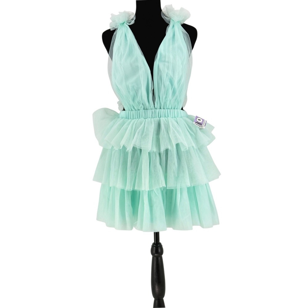Mable Mint Green Tulle Dress New Romantic Tiered Ruffle Mini V-Neck Open Back S
